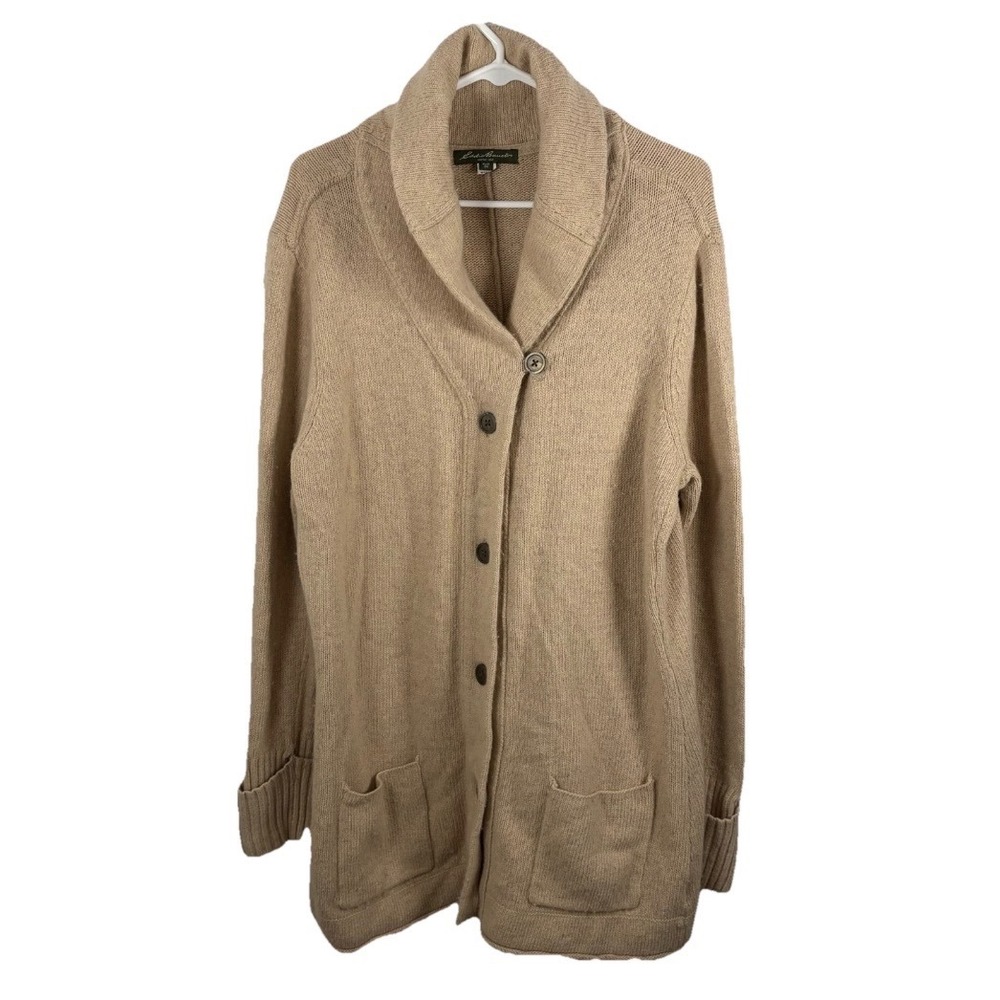 Eddie Bauer Cardigan Sweater Long 3X Tan Camel Lambswool Angora Shawl Collar Ski